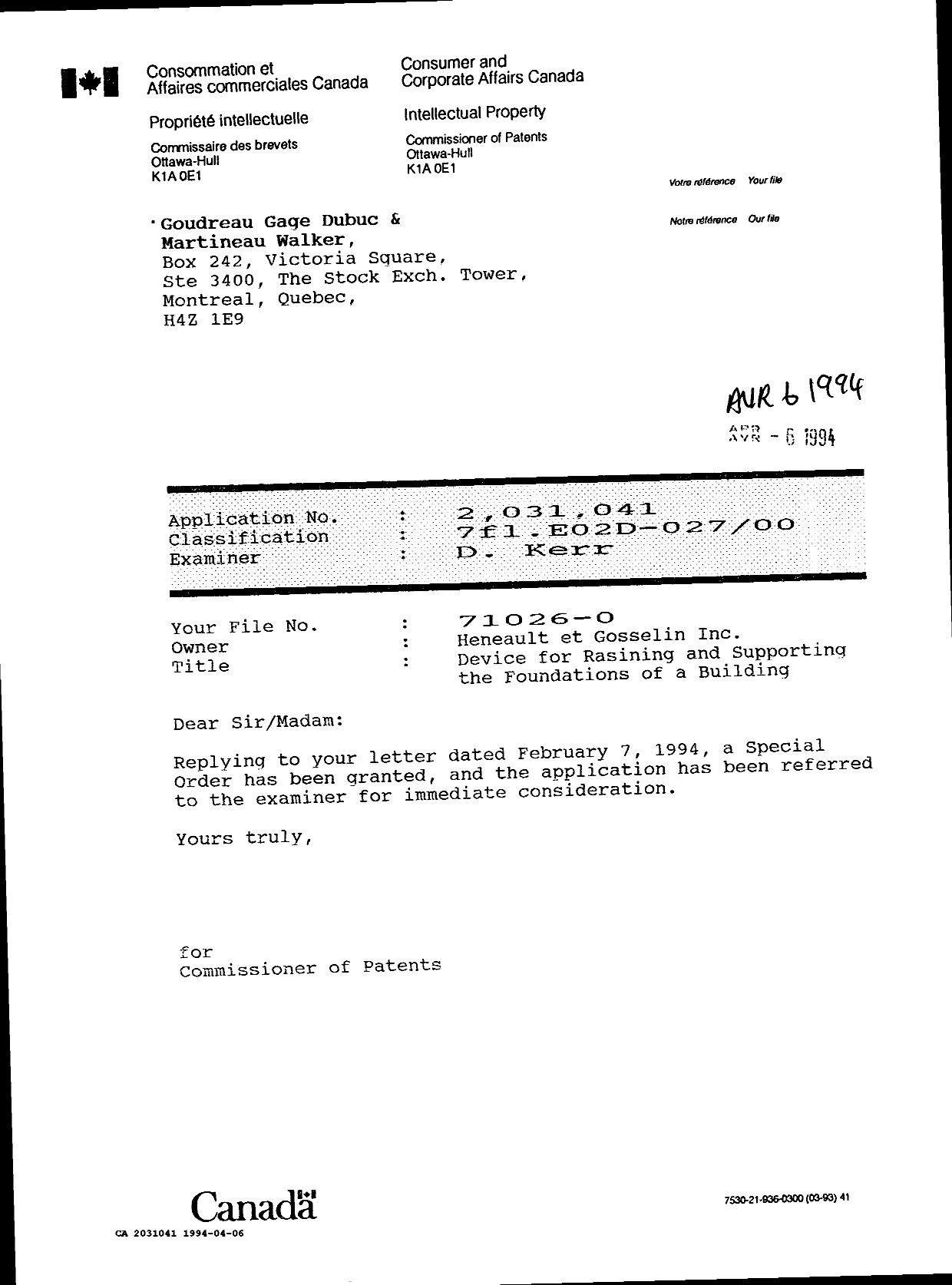Document de brevet canadien 2031041. Correspondance 19931206. Image 1 de 1