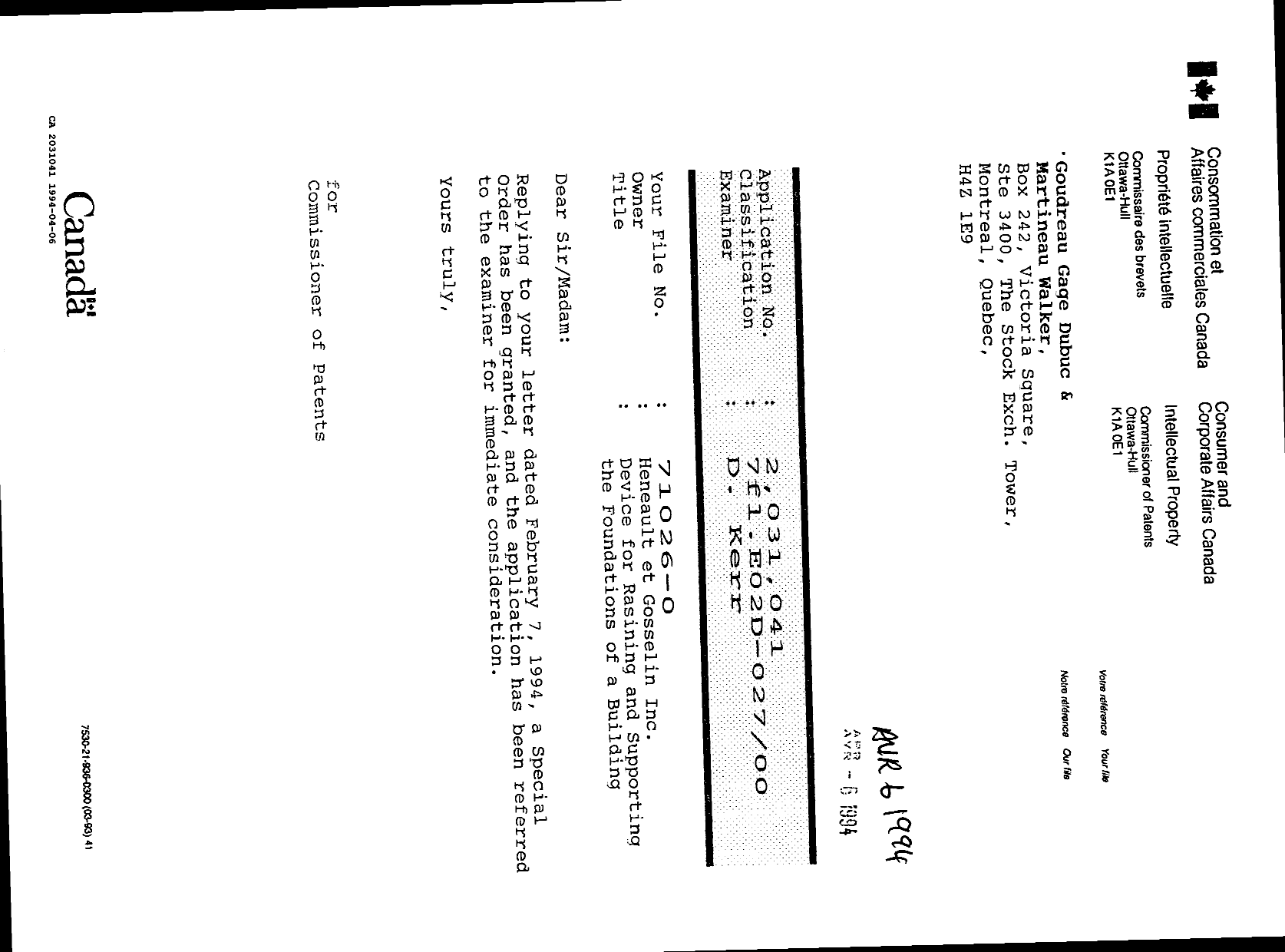 Document de brevet canadien 2031041. Correspondance 19931206. Image 1 de 1