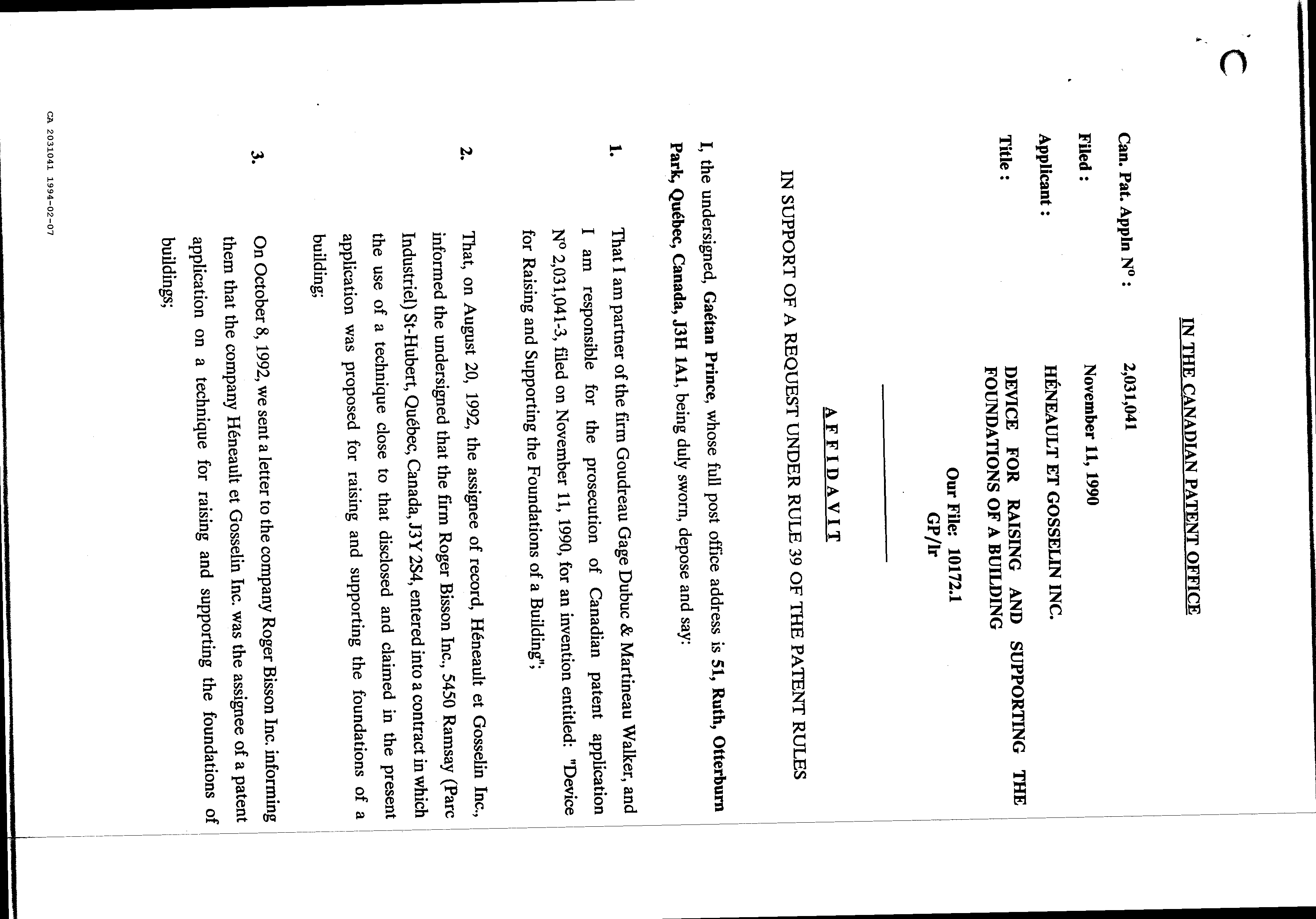 Document de brevet canadien 2031041. Poursuite-Amendment 19931207. Image 2 de 3