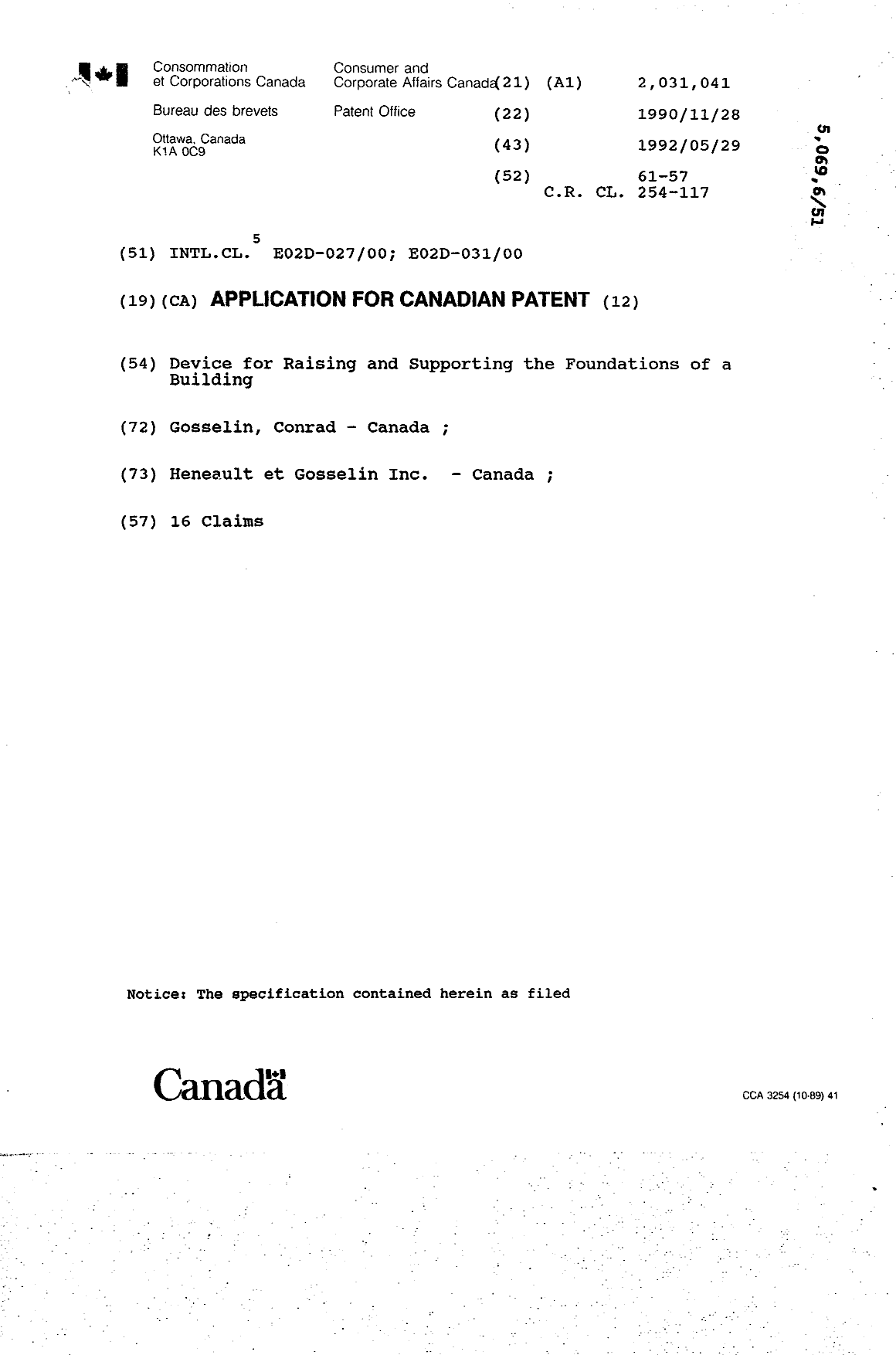 Document de brevet canadien 2031041. Page couverture 19931226. Image 1 de 1