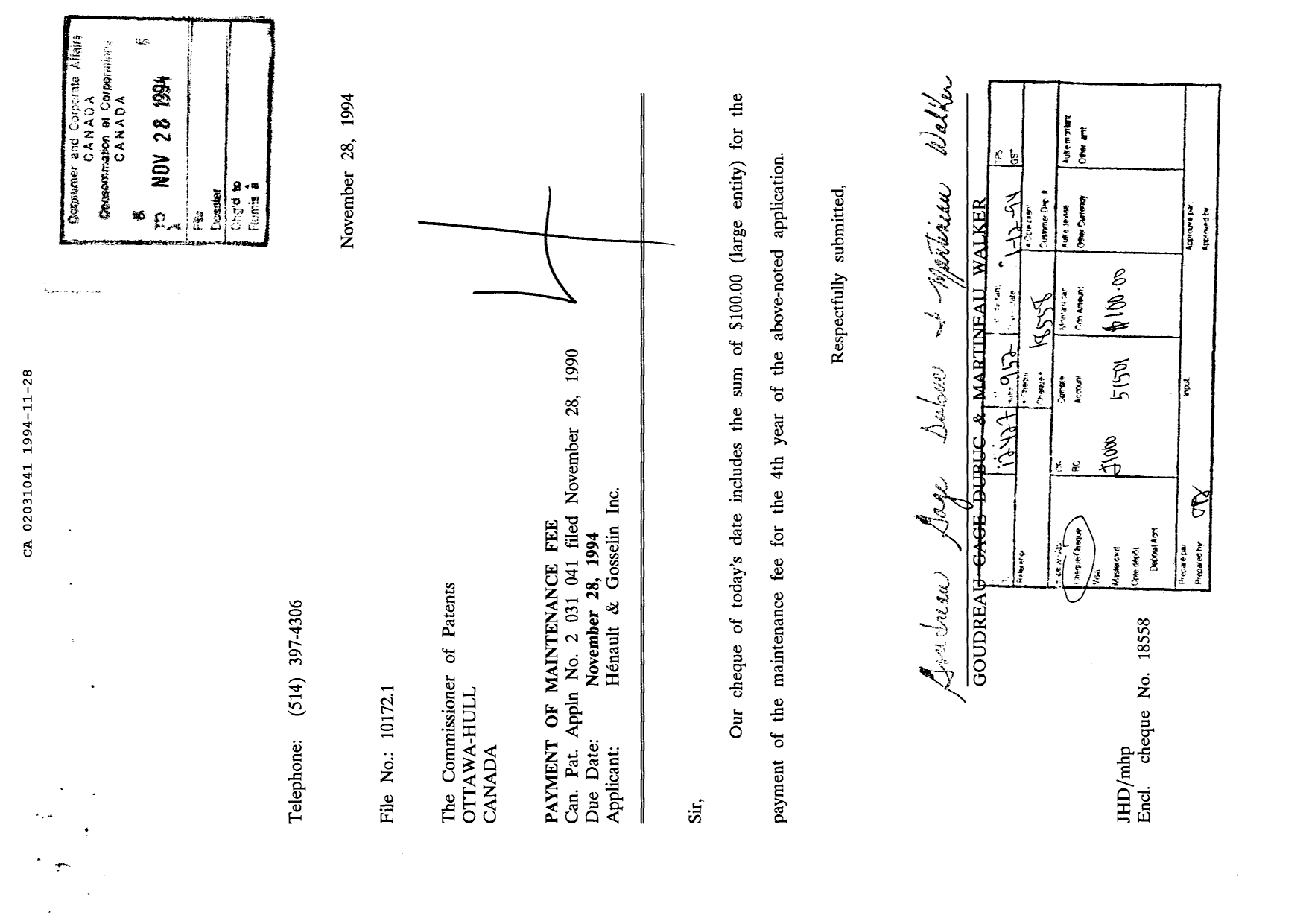 Canadian Patent Document 2031041. Fees 19931228. Image 1 of 1