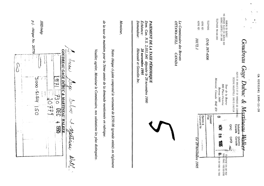 Document de brevet canadien 2031041. Taxes 19941228. Image 1 de 1