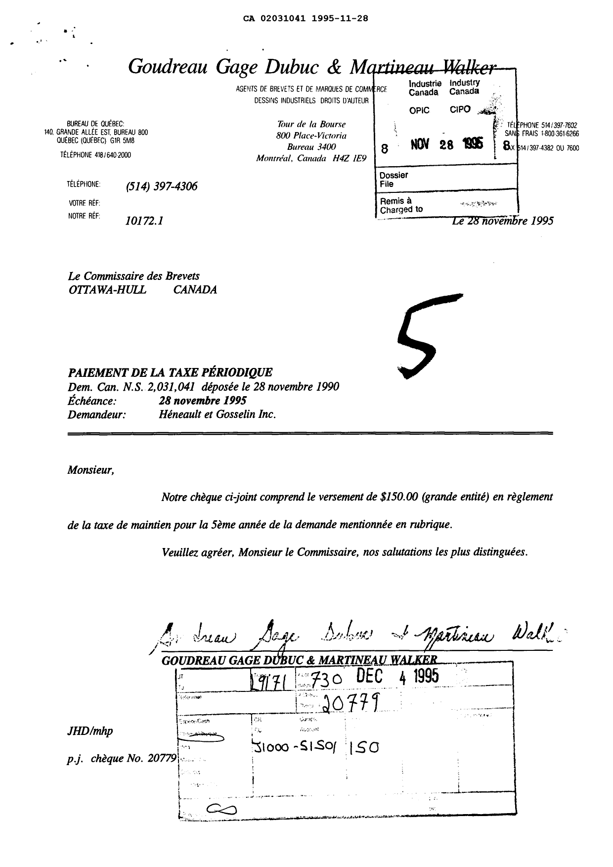 Document de brevet canadien 2031041. Taxes 19941228. Image 1 de 1