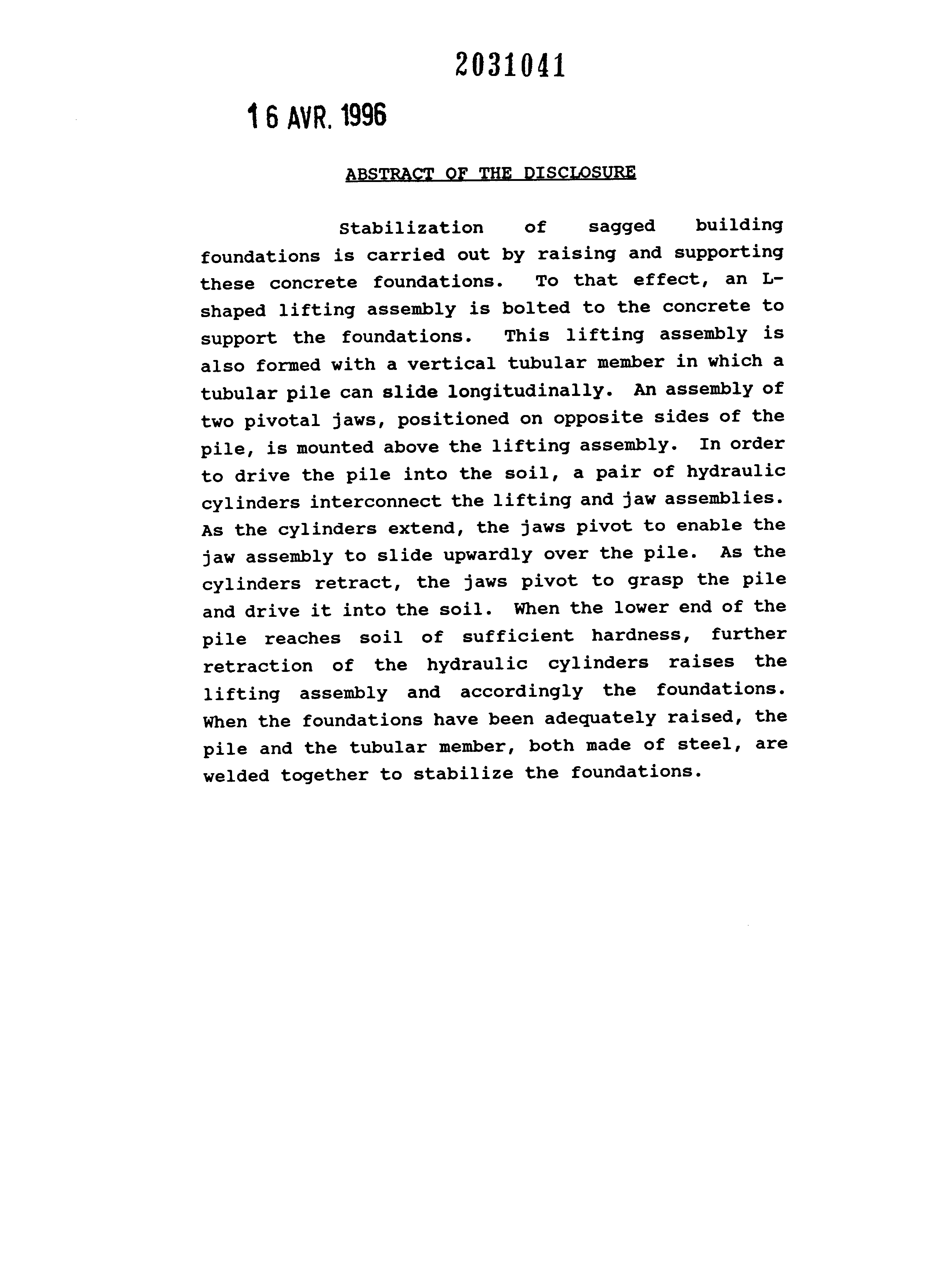 Document de brevet canadien 2031041. Abrégé 19951216. Image 1 de 1