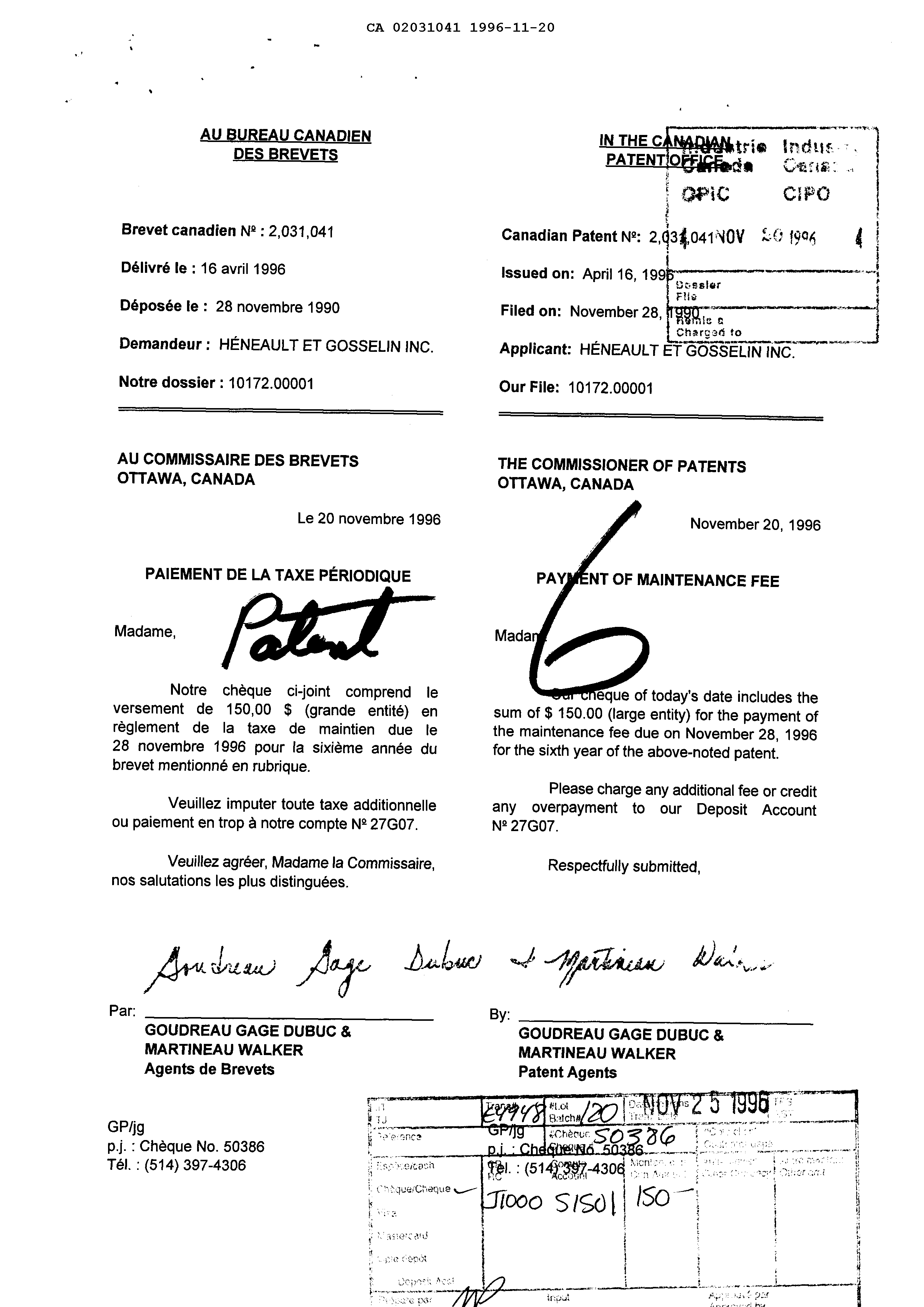Document de brevet canadien 2031041. Taxes 19951220. Image 1 de 1