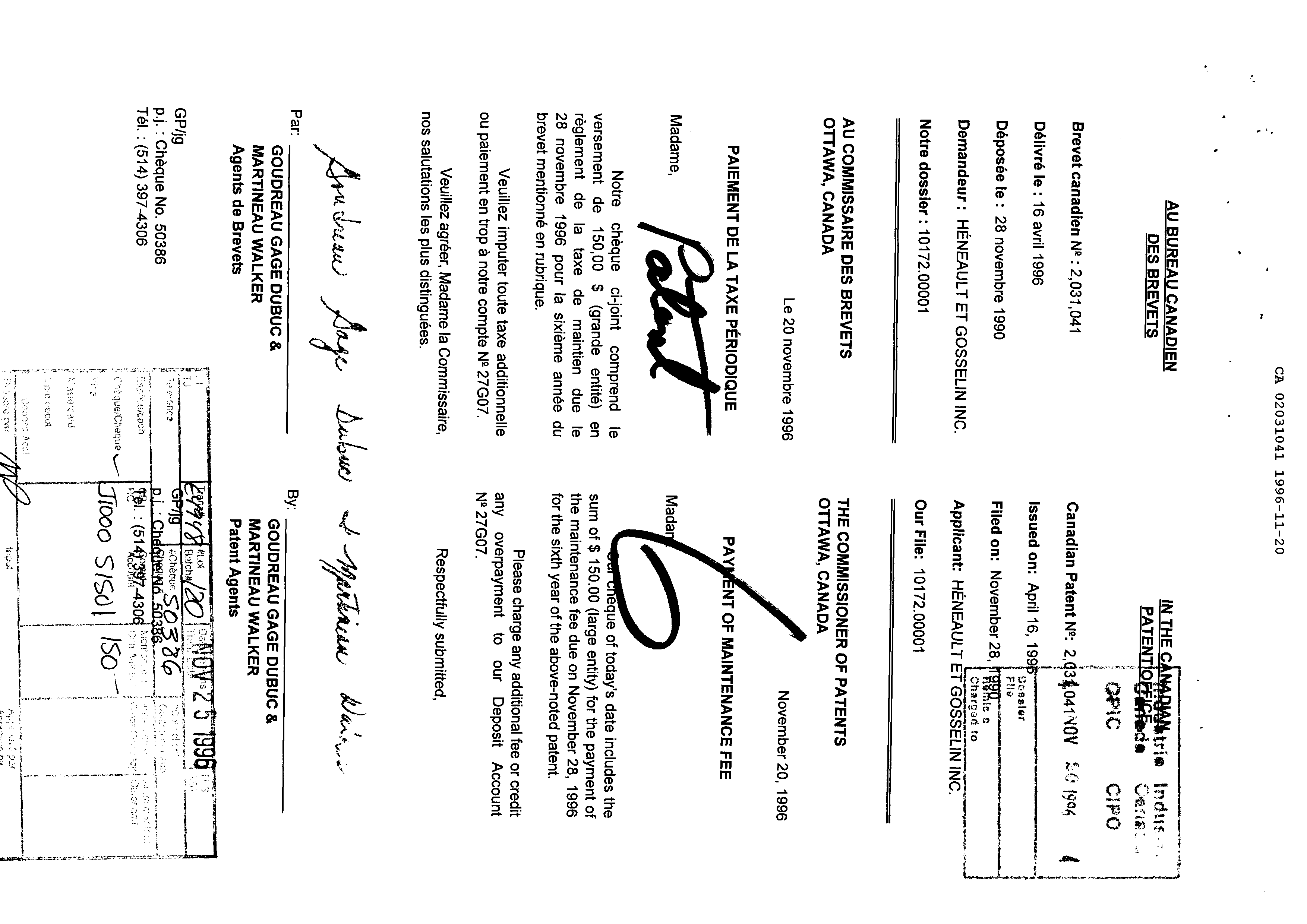 Canadian Patent Document 2031041. Fees 19951220. Image 1 of 1