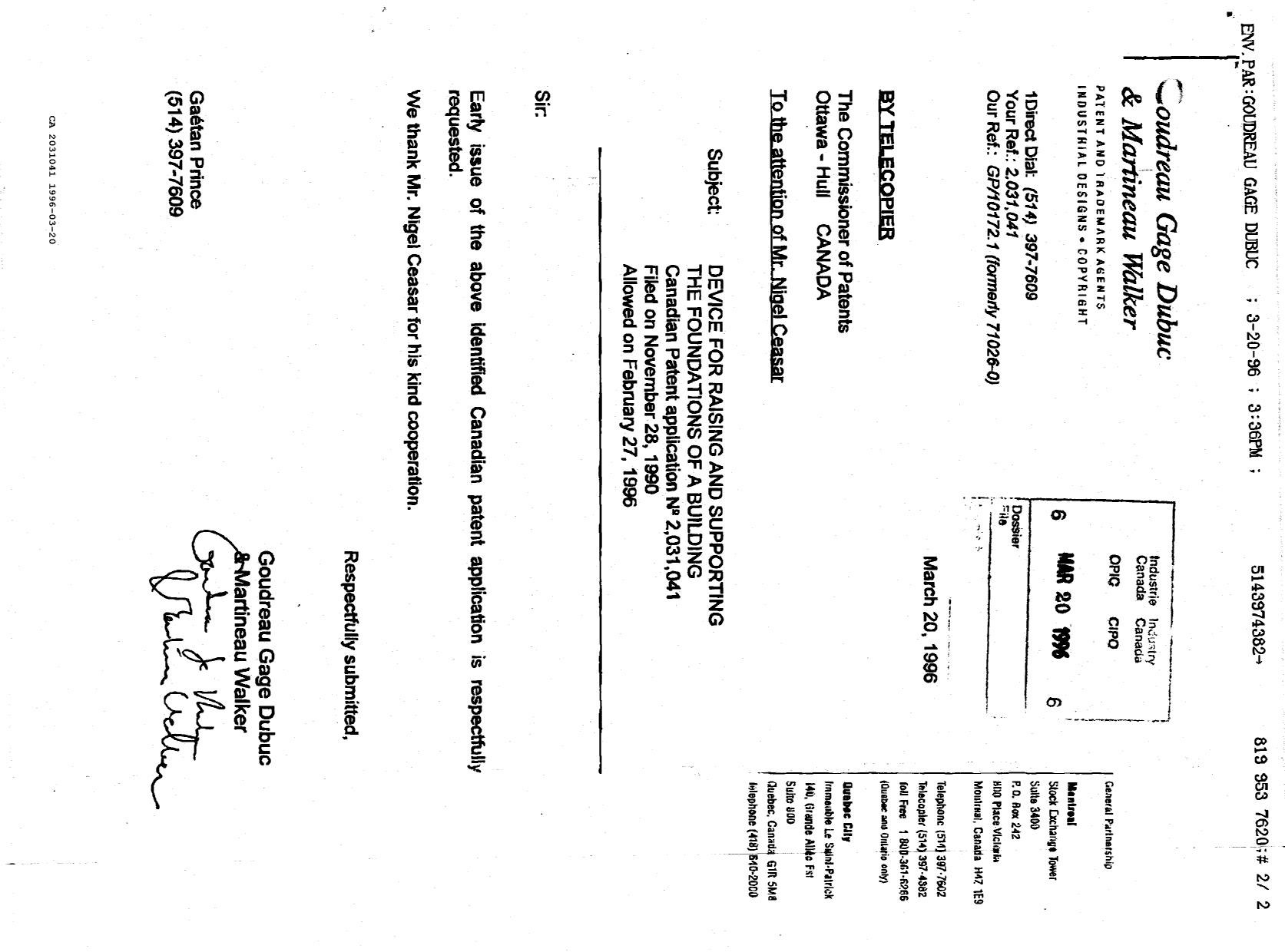 Document de brevet canadien 2031041. Correspondance 19951220. Image 1 de 2