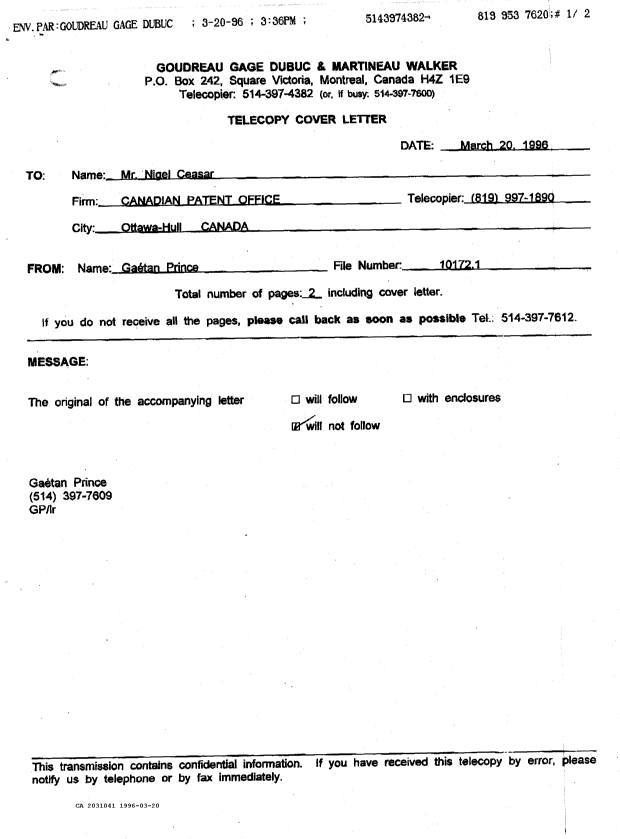 Document de brevet canadien 2031041. Correspondance 19951220. Image 2 de 2