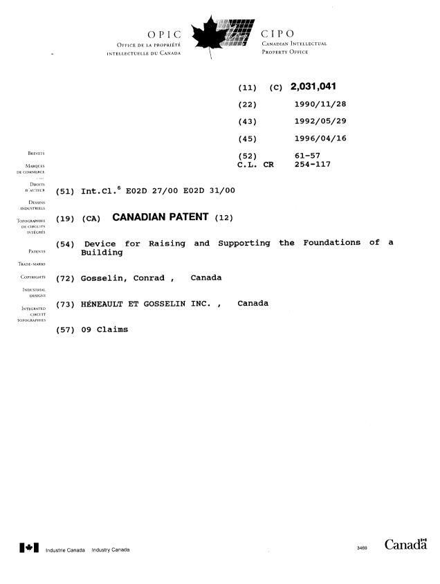 Document de brevet canadien 2031041. Page couverture 19951223. Image 1 de 1
