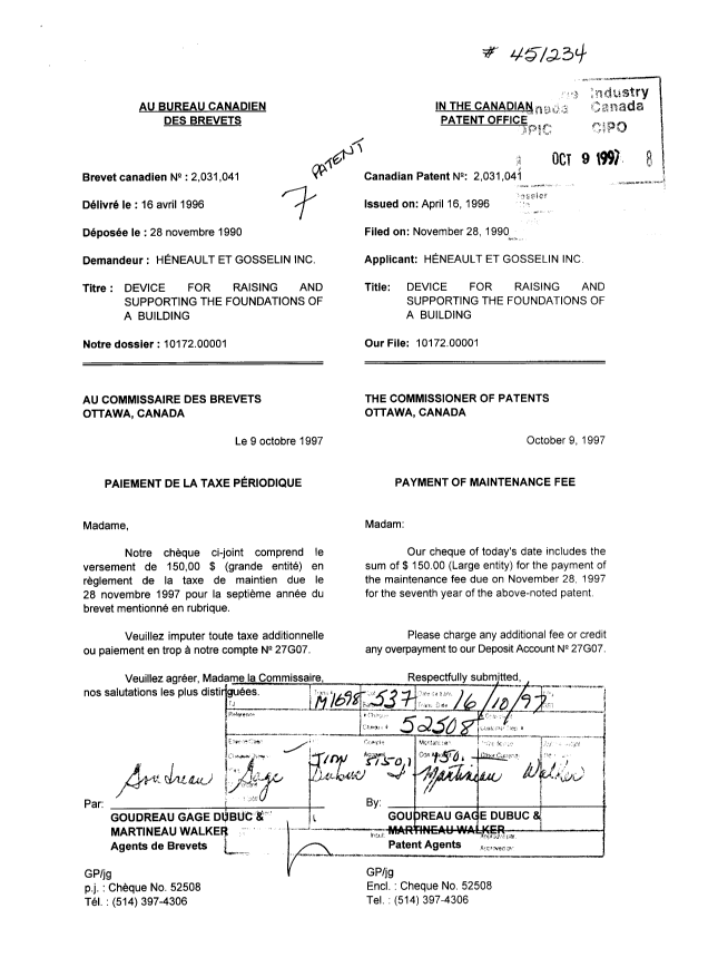 Document de brevet canadien 2031041. Taxes 19961209. Image 1 de 1