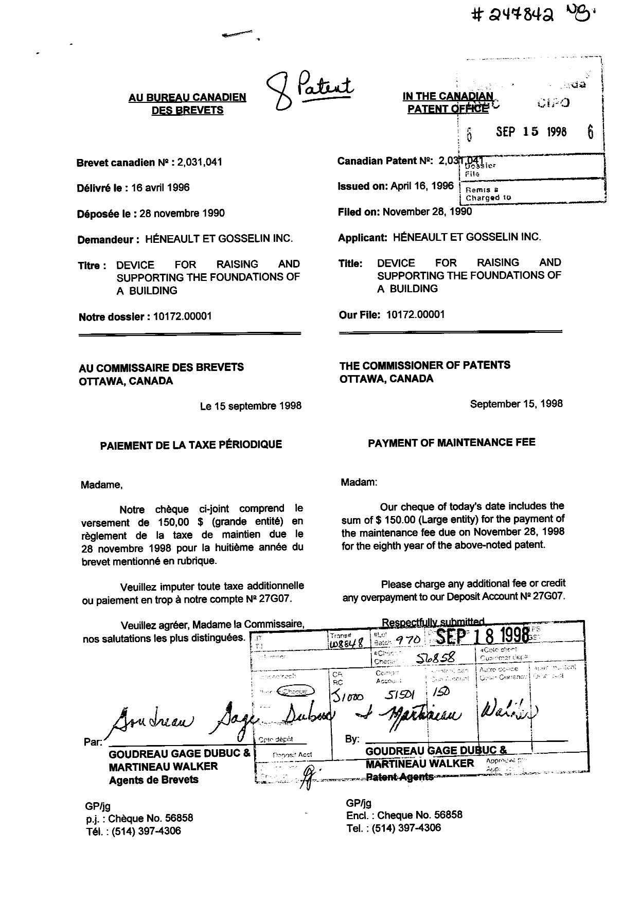 Document de brevet canadien 2031041. Taxes 19971215. Image 1 de 1