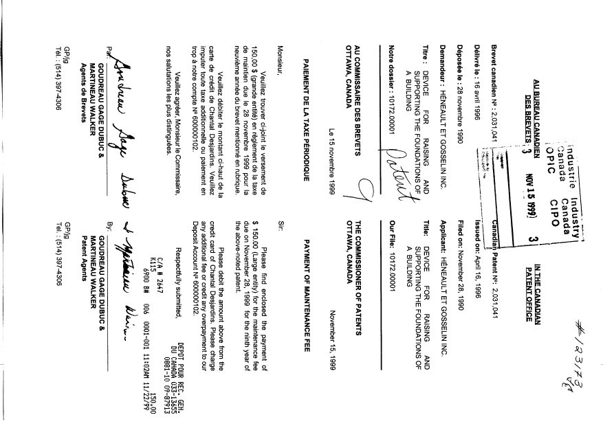 Document de brevet canadien 2031041. Taxes 19981215. Image 1 de 1