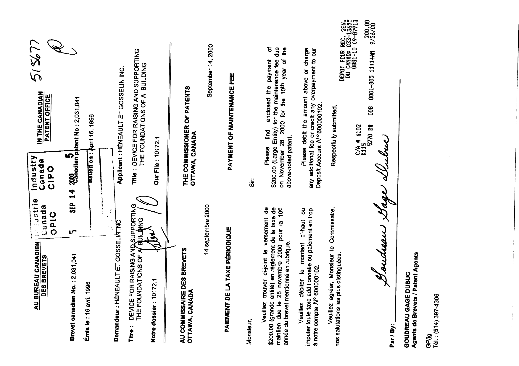 Document de brevet canadien 2031041. Taxes 19991214. Image 1 de 1