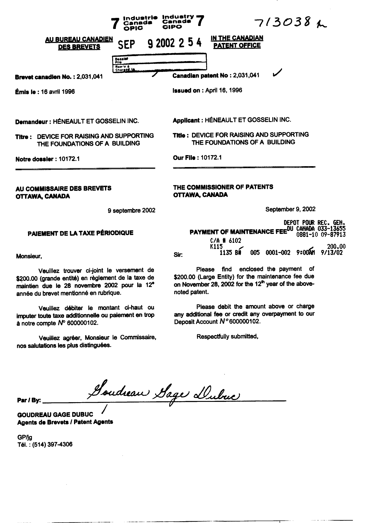 Canadian Patent Document 2031041. Fees 20011209. Image 1 of 1