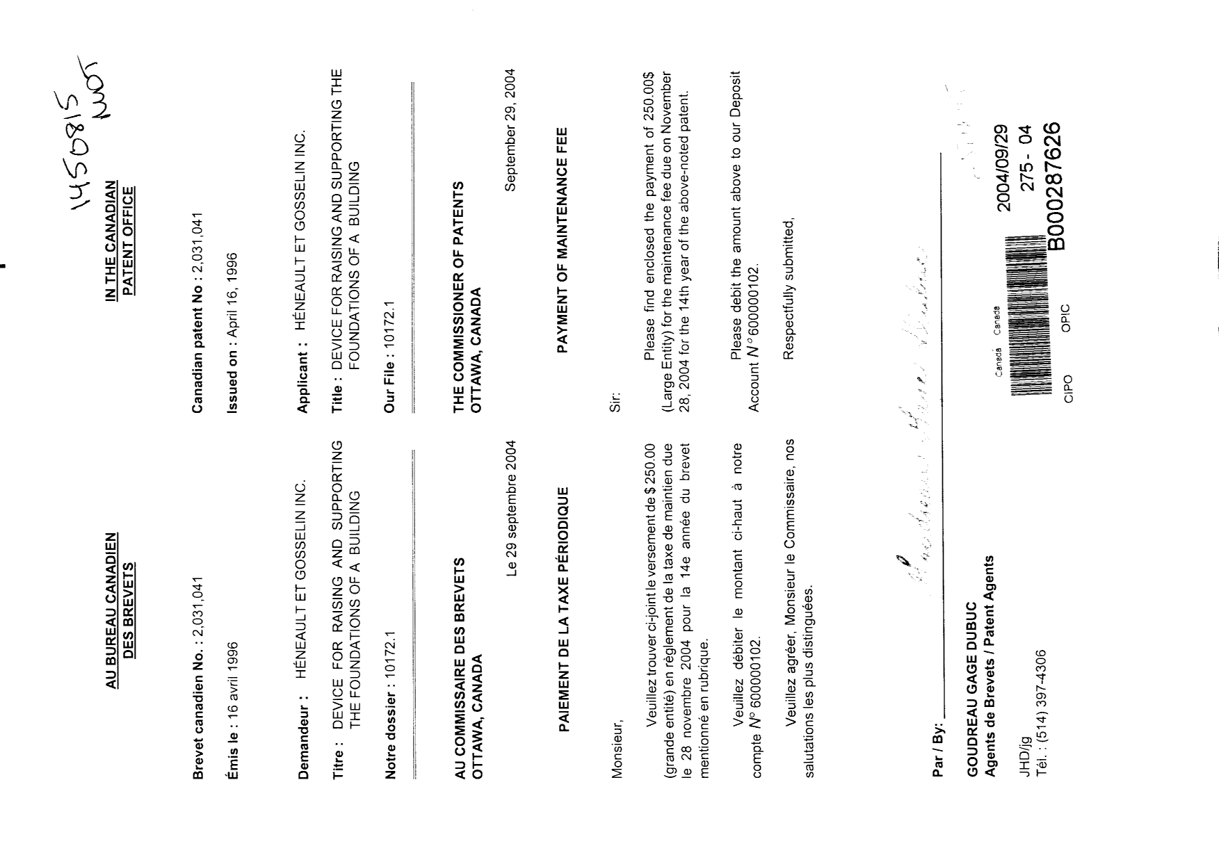 Document de brevet canadien 2031041. Taxes 20031229. Image 1 de 1