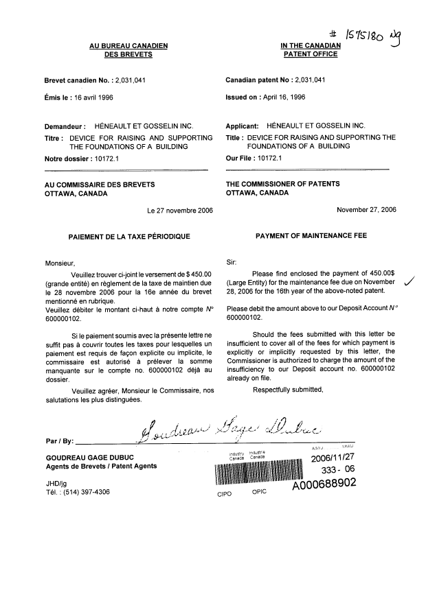 Document de brevet canadien 2031041. Taxes 20061127. Image 1 de 1