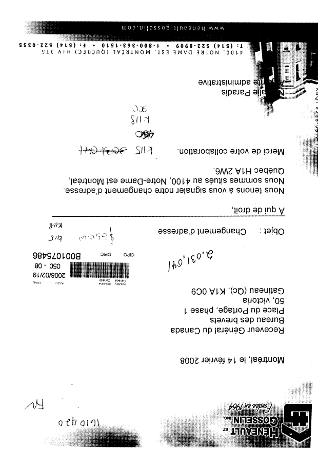 Document de brevet canadien 2031041. Taxes 20071219. Image 1 de 2