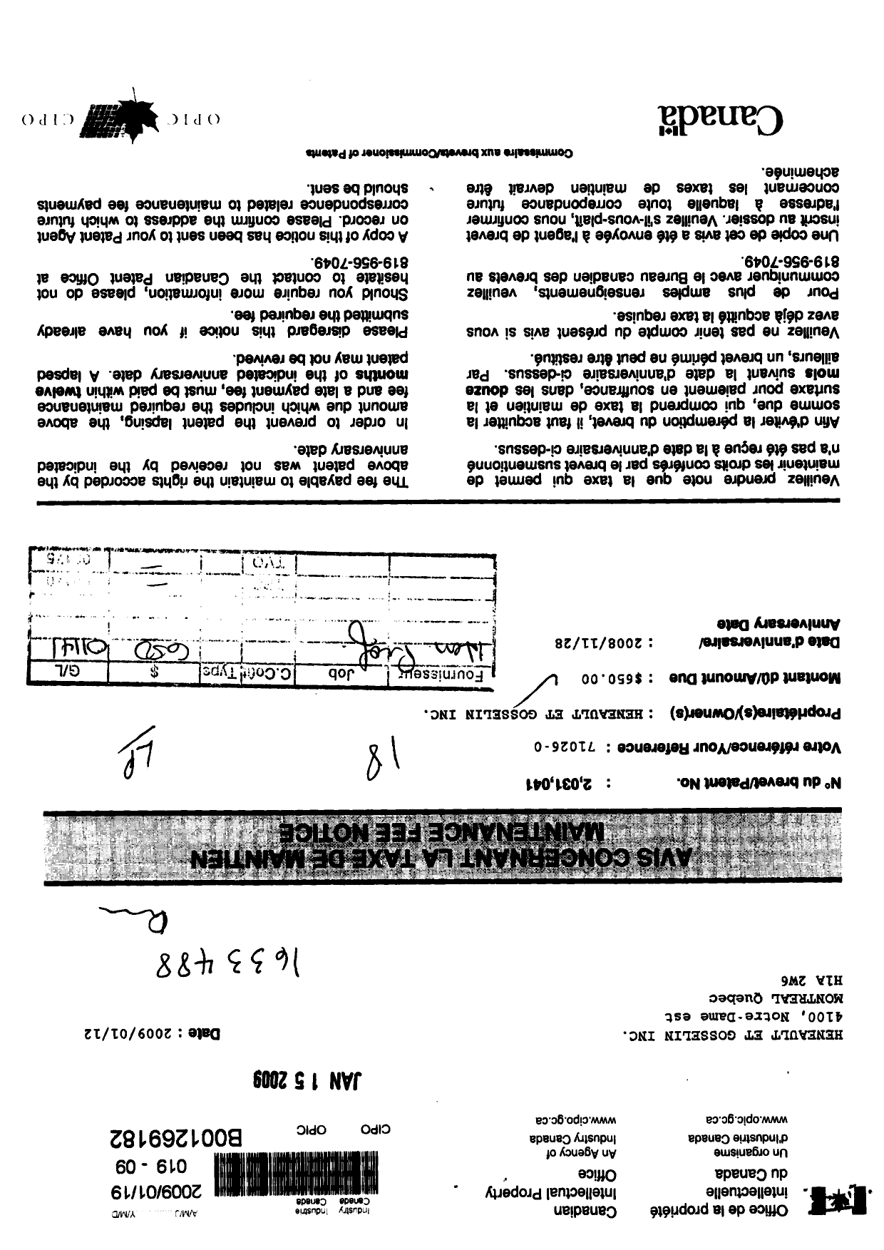 Document de brevet canadien 2031041. Taxes 20081219. Image 1 de 2