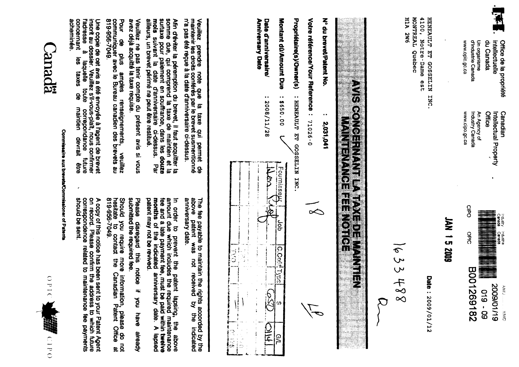 Document de brevet canadien 2031041. Taxes 20081219. Image 1 de 2
