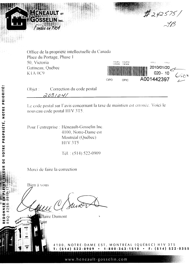 Canadian Patent Document 2031041. Fees 20091220. Image 1 of 1