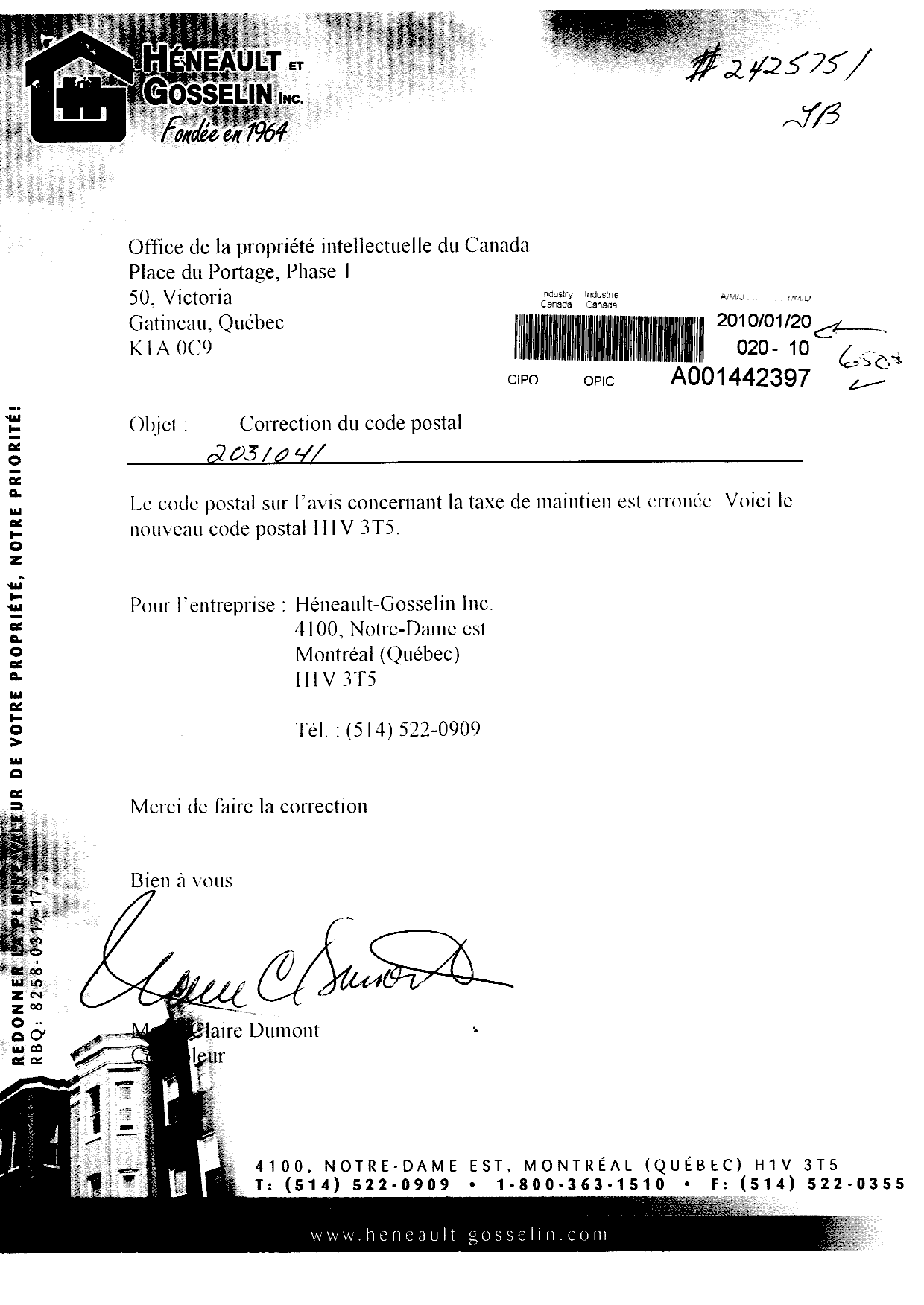 Canadian Patent Document 2031041. Fees 20091220. Image 1 of 1