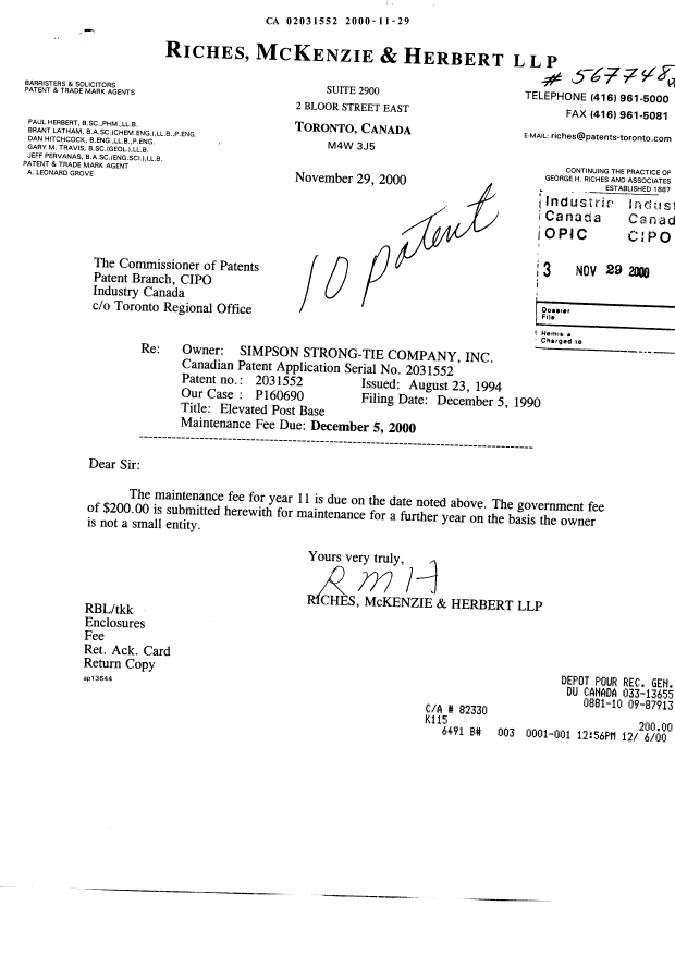 Document de brevet canadien 2031552. Taxes 20001129. Image 1 de 1