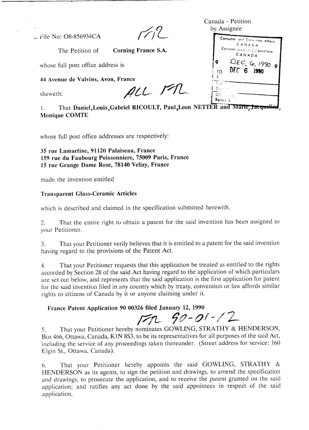 Canadian Patent Document 2031666. Assignment 19901206. Image 2 of 6