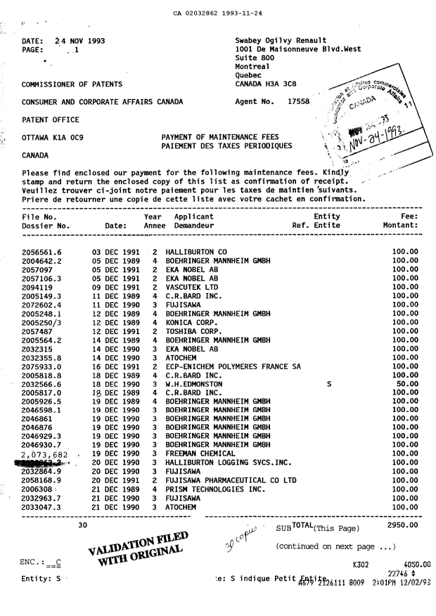 Document de brevet canadien 2032862. Taxes 19931124. Image 1 de 1
