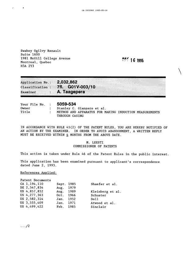 Document de brevet canadien 2032862. Demande d'examen 19950516. Image 1 de 2