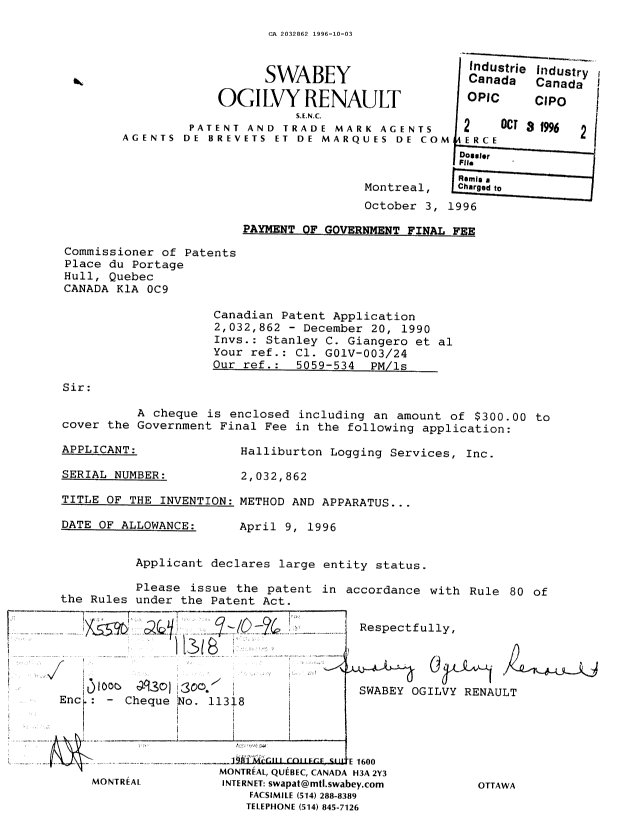 Document de brevet canadien 2032862. Correspondance reliée aux formalités 19961003. Image 1 de 1