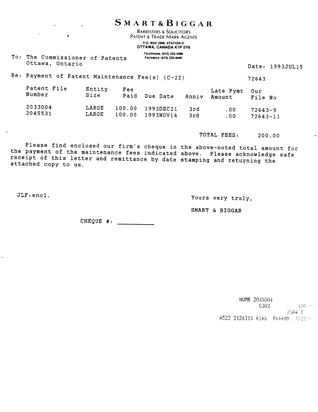 Document de brevet canadien 2033004. Taxes 19930715. Image 1 de 1