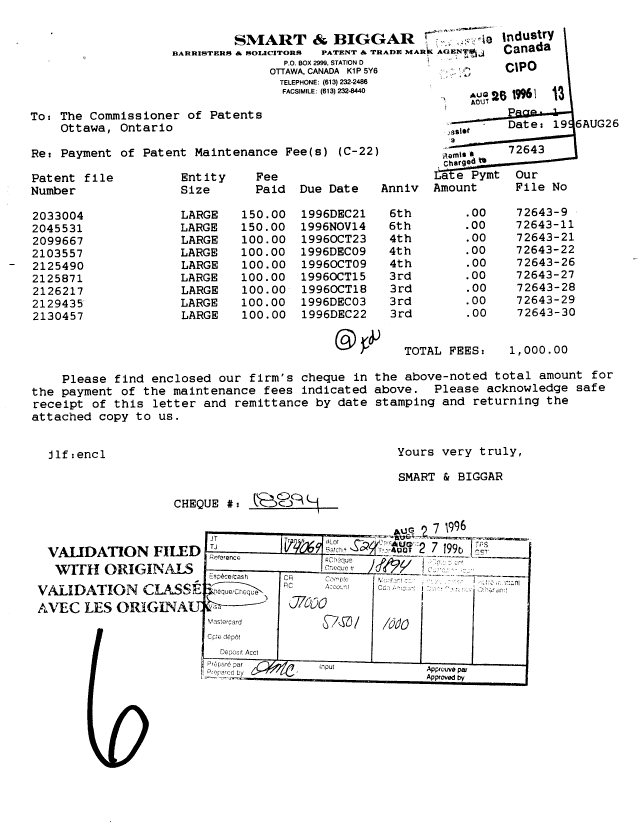 Document de brevet canadien 2033004. Taxes 19960826. Image 1 de 1