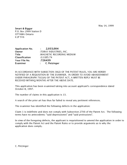 Document de brevet canadien 2033004. Poursuite-Amendment 19990514. Image 1 de 2