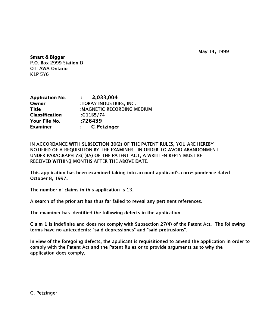 Canadian Patent Document 2033004. Prosecution-Amendment 19990514. Image 1 of 2