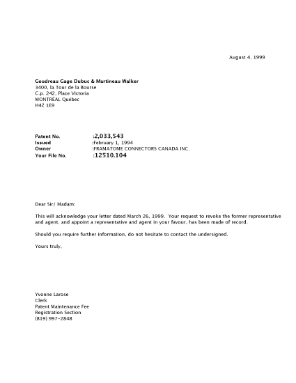 Document de brevet canadien 2033543. Correspondance 19990804. Image 1 de 1