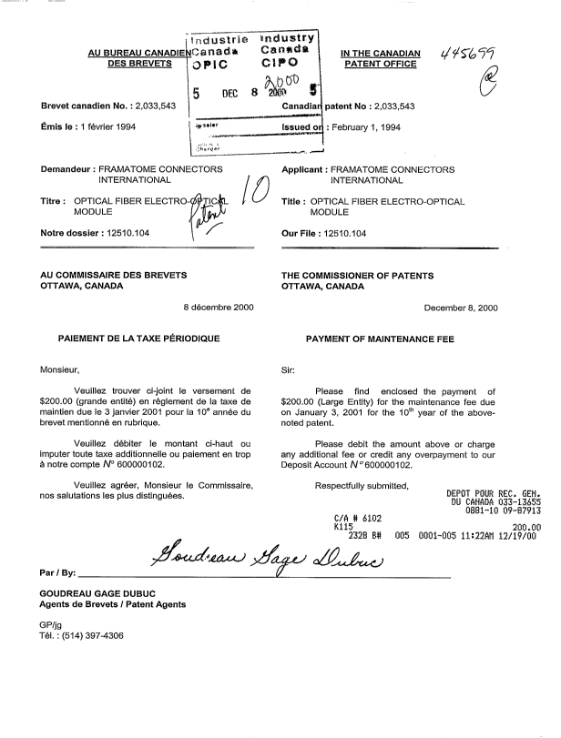 Canadian Patent Document 2033543. Fees 20001208. Image 1 of 1