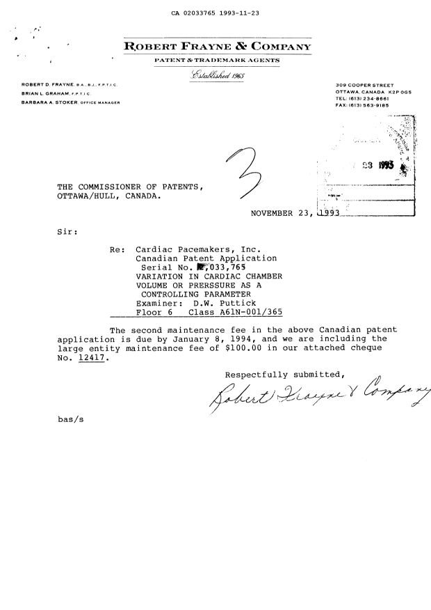 Canadian Patent Document 2033765. Fees 19931123. Image 1 of 1
