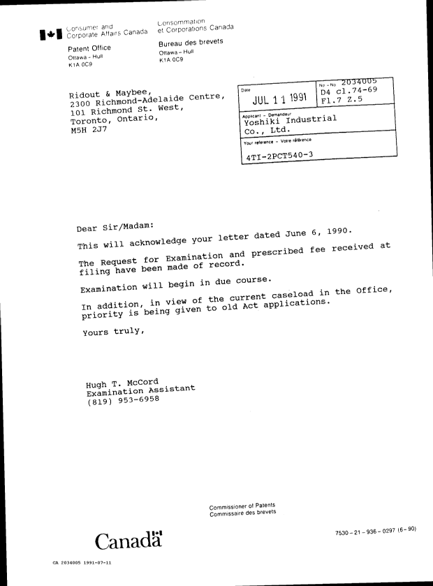 Document de brevet canadien 2034005. Lettre du bureau 19910711. Image 1 de 1