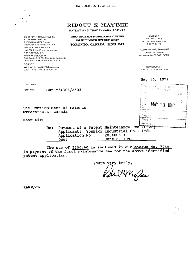 Document de brevet canadien 2034005. Taxes 19920513. Image 1 de 1