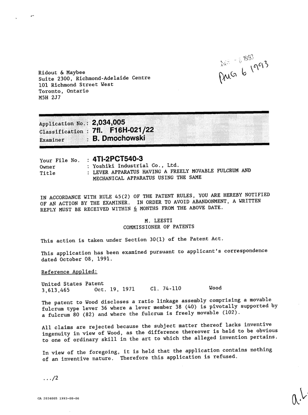 Document de brevet canadien 2034005. Demande d'examen 19930806. Image 1 de 2