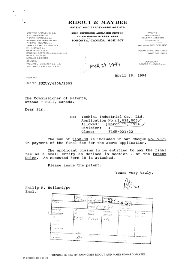 Document de brevet canadien 2034005. Correspondance reliée au PCT 19940428. Image 1 de 2