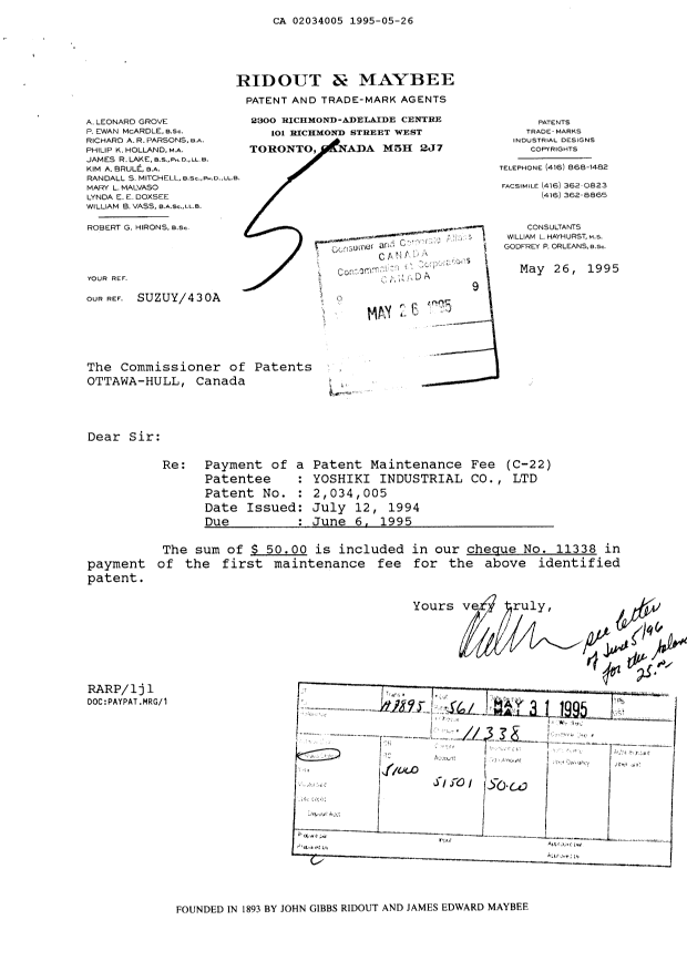 Document de brevet canadien 2034005. Taxes 19950526. Image 1 de 1