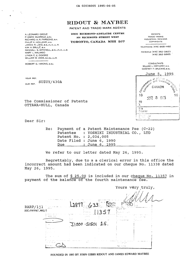 Document de brevet canadien 2034005. Taxes 19950605. Image 1 de 1
