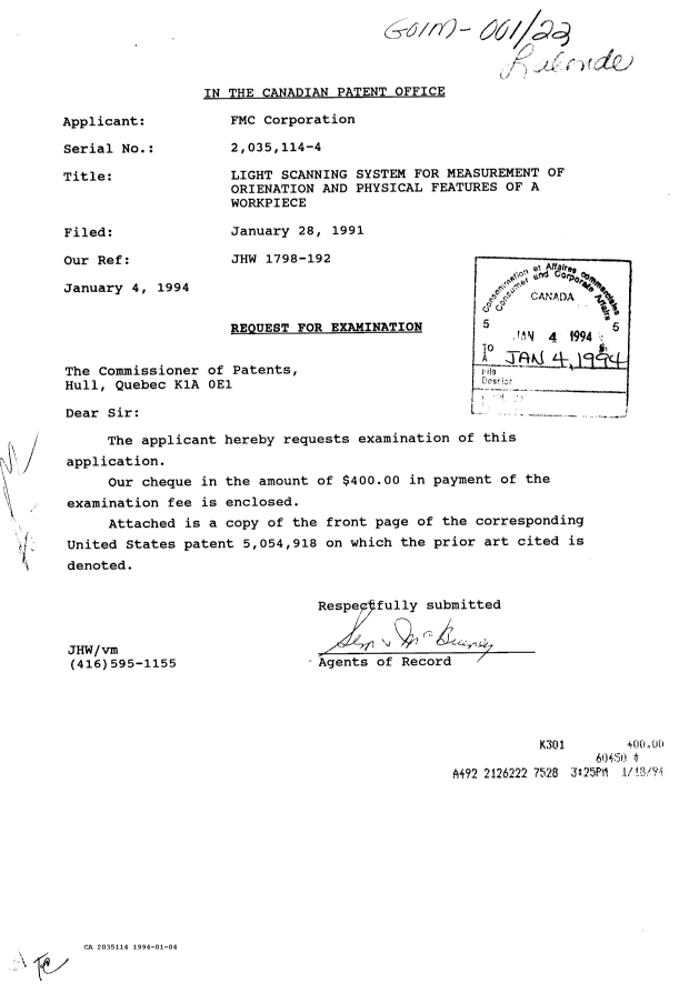 Document de brevet canadien 2035114. Correspondance de la poursuite 19940104. Image 1 de 1