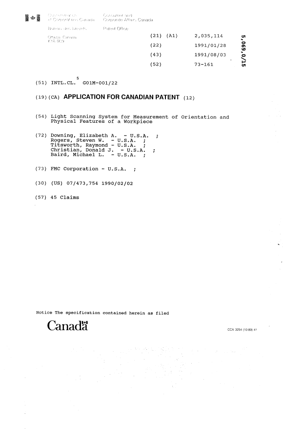 Document de brevet canadien 2035114. Page couverture 19940312. Image 1 de 1
