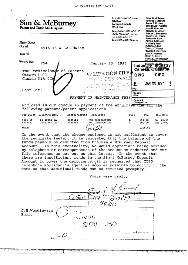 Document de brevet canadien 2035114. Taxes 19970123. Image 1 de 1