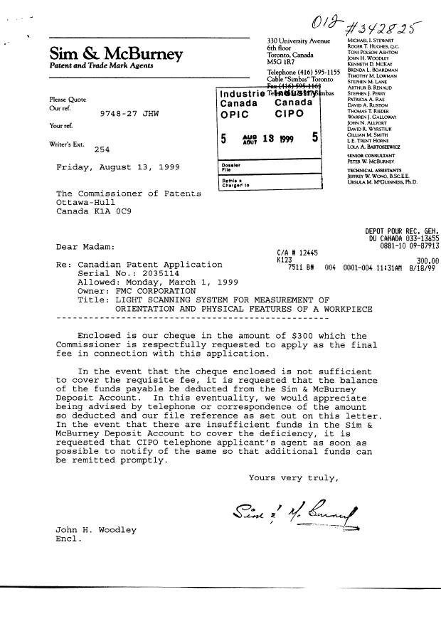 Document de brevet canadien 2035114. Correspondance 19990813. Image 1 de 1