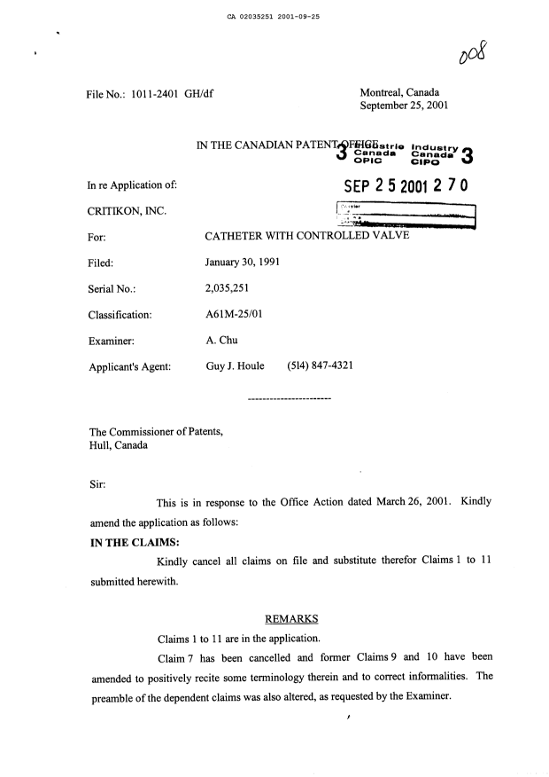 Canadian Patent Document 2035251. Prosecution-Amendment 20001225. Image 1 of 5