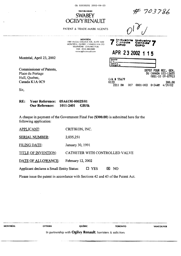 Canadian Patent Document 2035251. Correspondence 20011223. Image 1 of 2