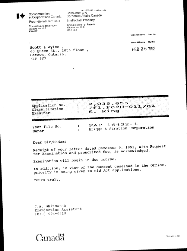 Canadian Patent Document 2035655. Office Letter 19920226. Image 1 of 1